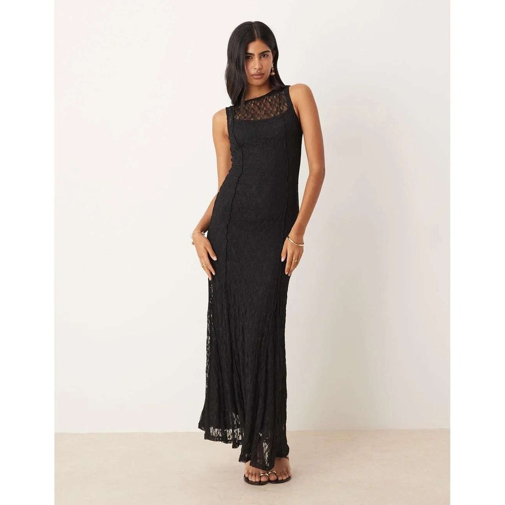 MNG Lace Maxi Dress Large/8 Black Sleeveless Exposed Seam Goth Witchy Romantic